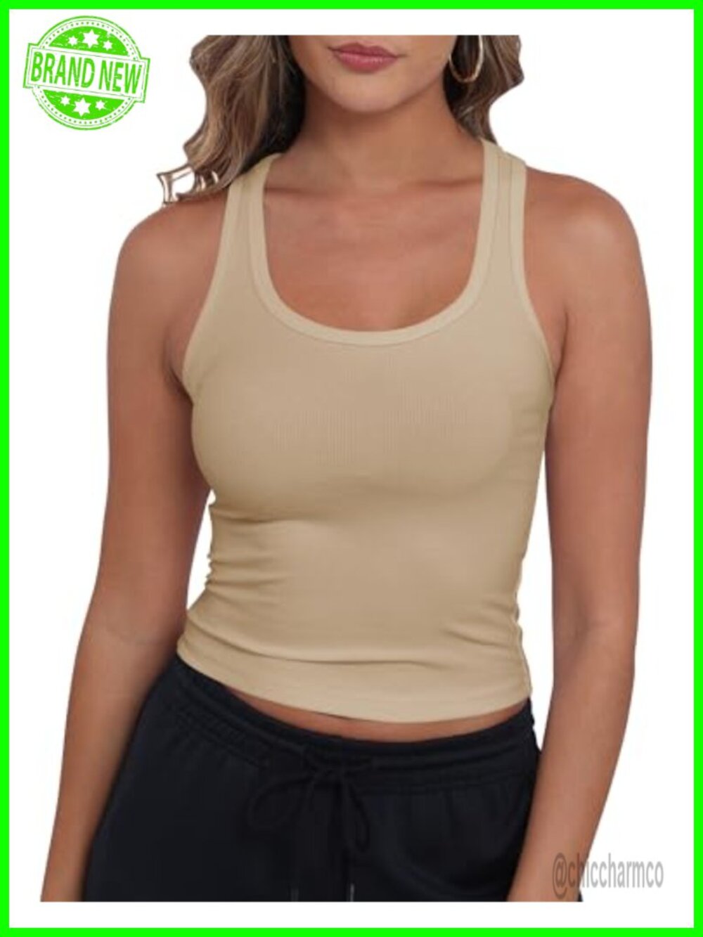 Sleeveless Scoop Neck Racerback Ribbed Knit Fitted Crop Tank Top
